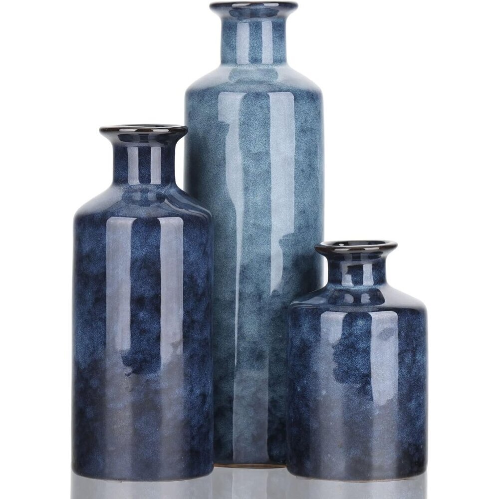 🆕 Ceramic Vases Set-3 Blue Small Vase Fireplace Décor and Entrance Decoration